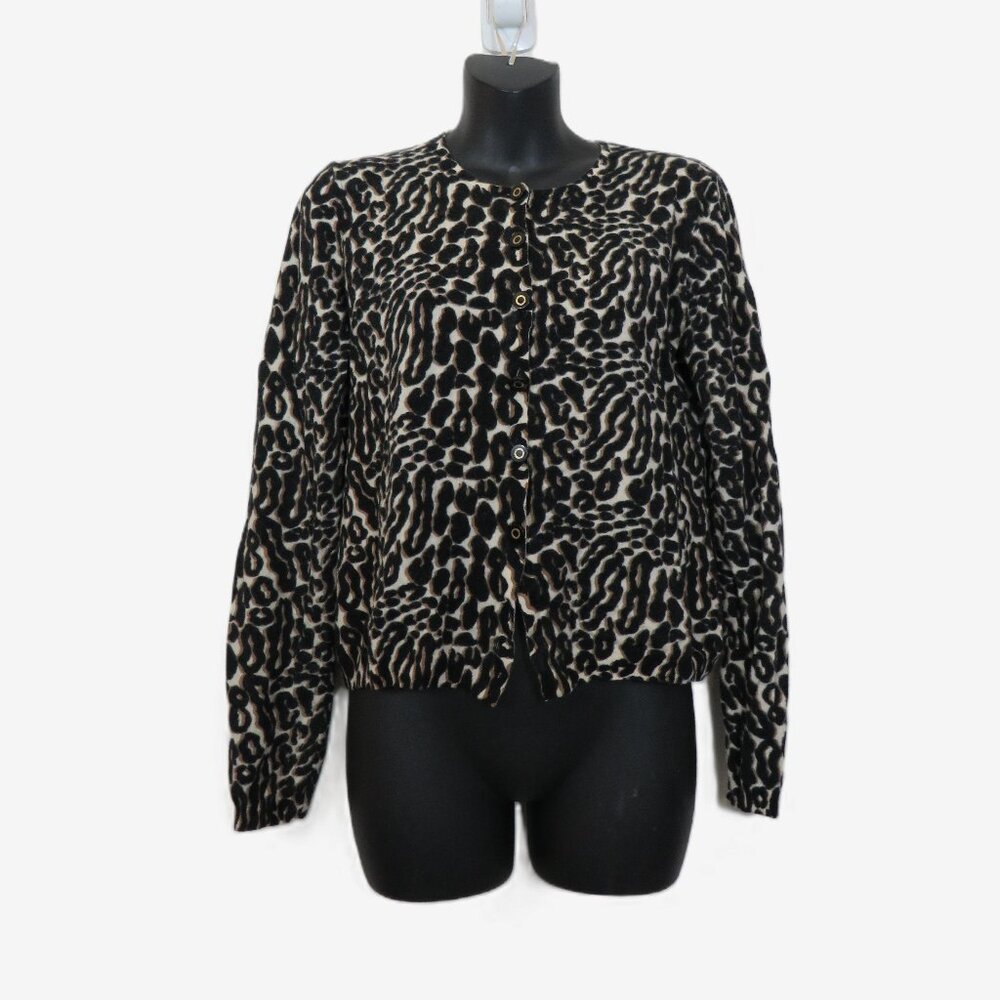 Tory Burch Size Large Merino Wool Cardigan Leopard Print Brown Button Front
